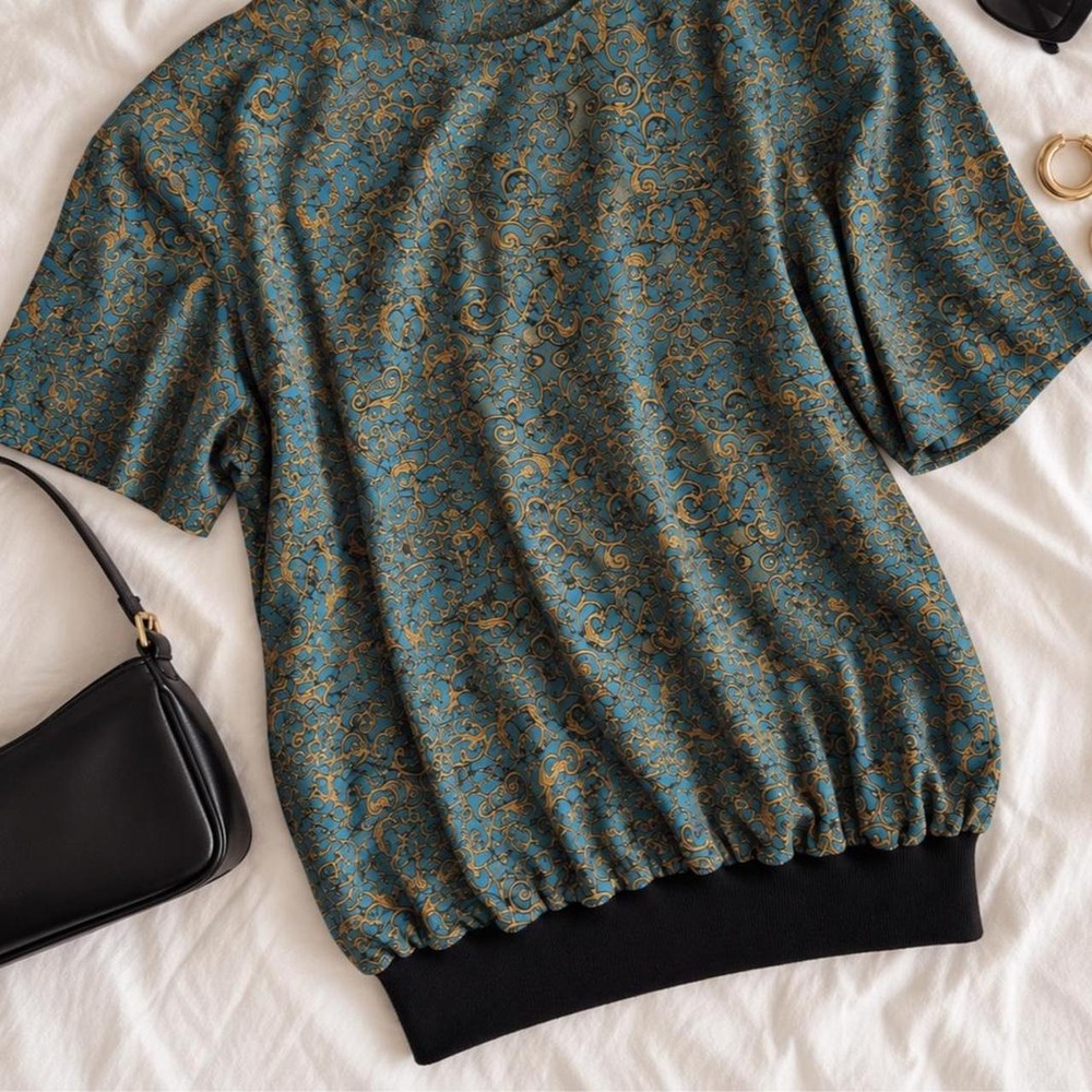 80s boho top 1980s teal and gold baroque print blouse
